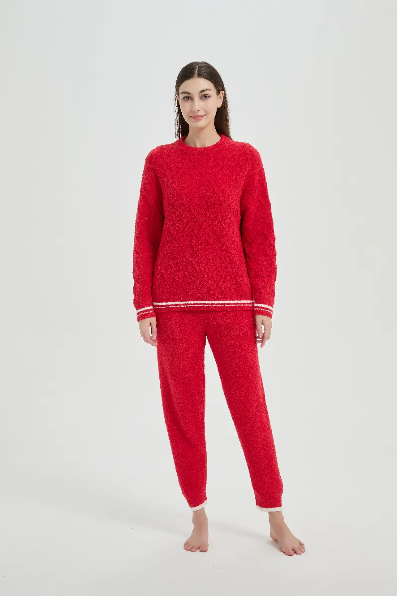 Loose Fit Plush Qırmızı Qadın Fleece Pijama Dəsti