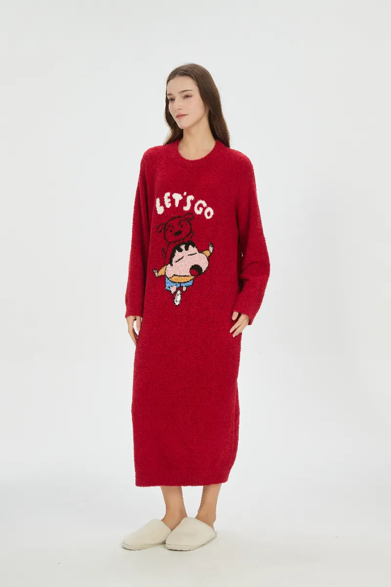 Qadınlar üçün Qırmızı Yumşaq Fleece Gecəlik